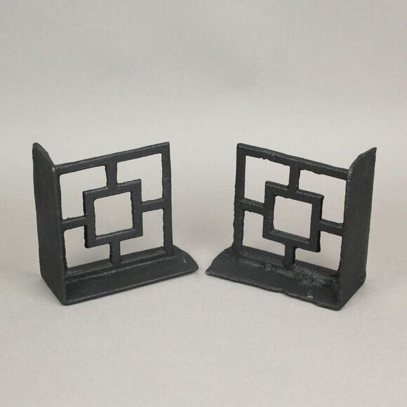 Set of 2 Cast Iron Breeze Block Bookends Decorative Rustic Geometric Shelf Decor - Picture 5 of 5